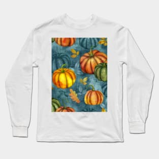 Pumpkins and different fall leaves seamless watercolor pattern. Autumn colorful composition. Thanksgiving textural background Long Sleeve T-Shirt